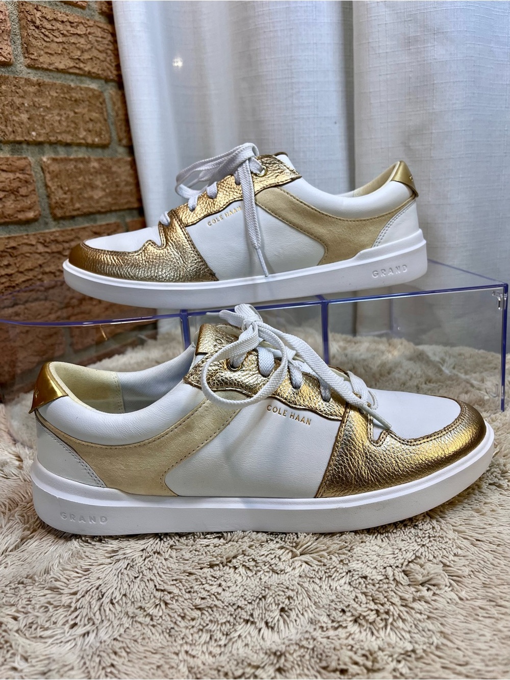 Cole Haan Grand Gold Metallic White Leather Sneakers Women's 8B Retro Court